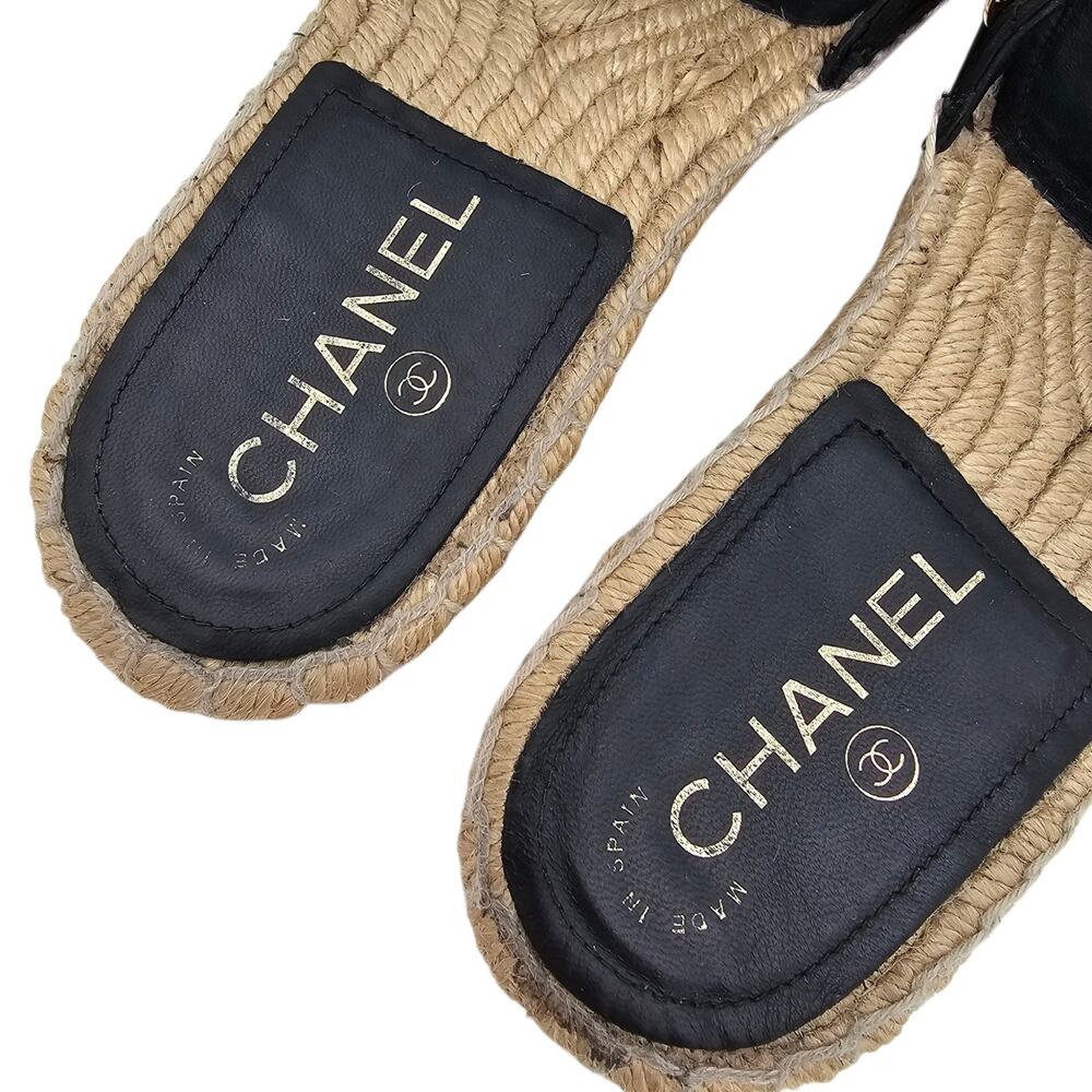 Chanel CC Chain Flat Slide Espadrille Sandal Black Quilted Leather Size 37 6 6.5 - Picture 5 of 11
